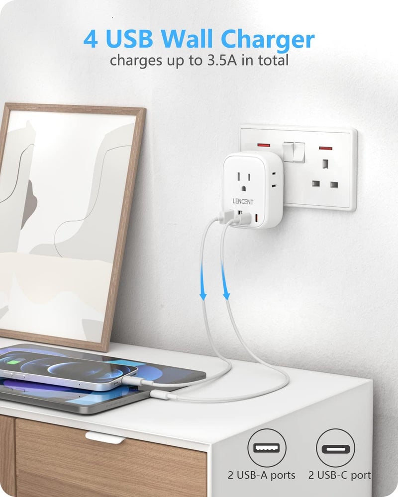 Lencent 3 Pack US to UK Ireland Travel Plug Adapter,Grounded Type G Adapter For Travel with 4 Outlets 4 USB Ports (2 USB C), Power Plug for USA to Dubai Scotland British London England Hong Kong - Image 4